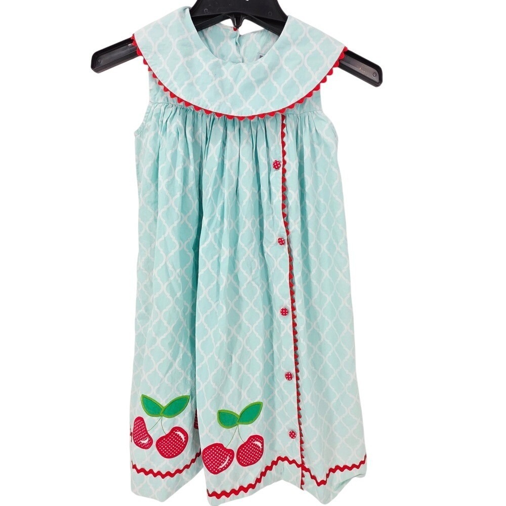 Honesty Girls‎ Dress Teal Quatrefoil Cherry Applique Red Ric Rac Trim Size 6